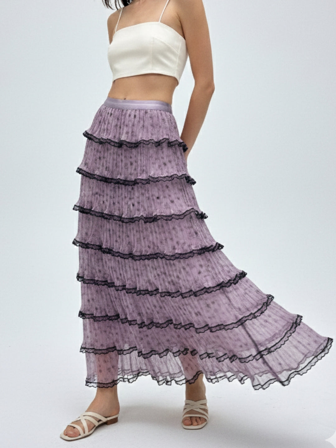 Lilac Printed Tiered Skirt With Contrast Borders