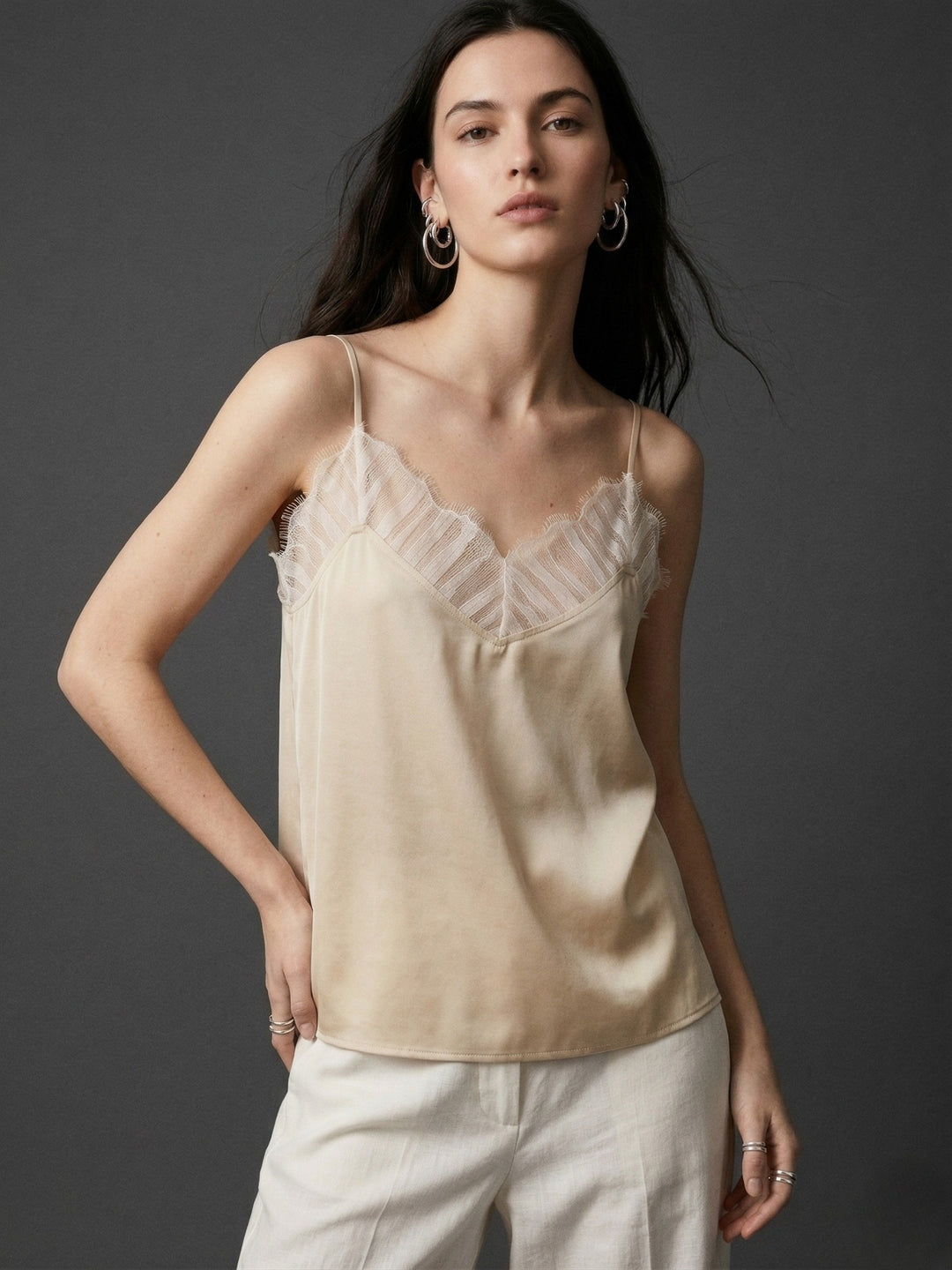 Champagne Strappy V Neck Camisole With Lace Inserts