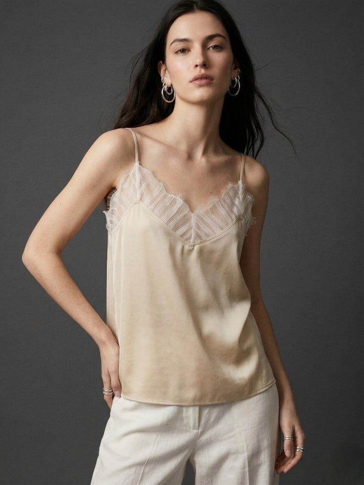 Champagne Strappy V Neck Camisole With Lace Inserts