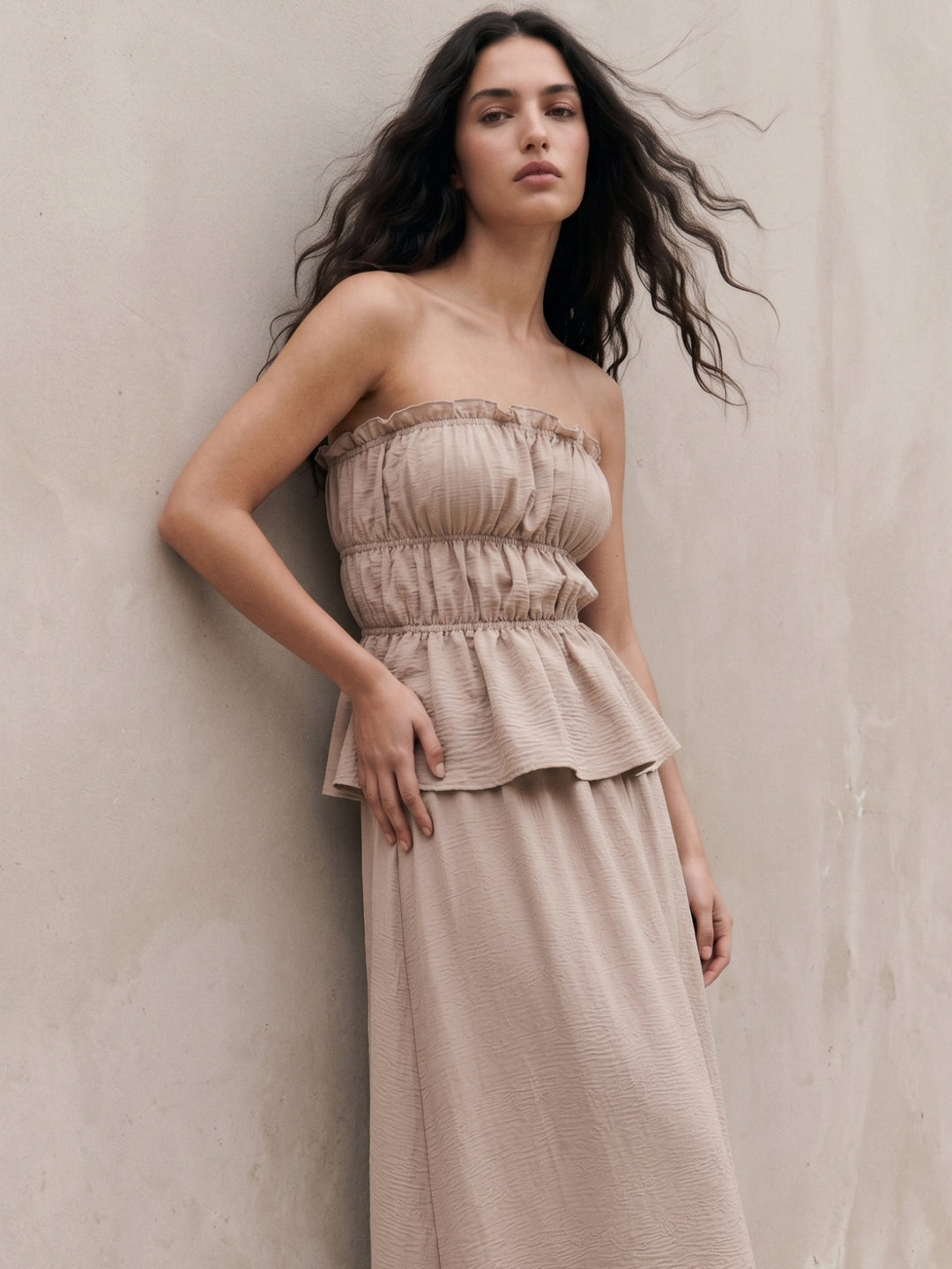 Off White Tube Smocked Top And Skirt Set