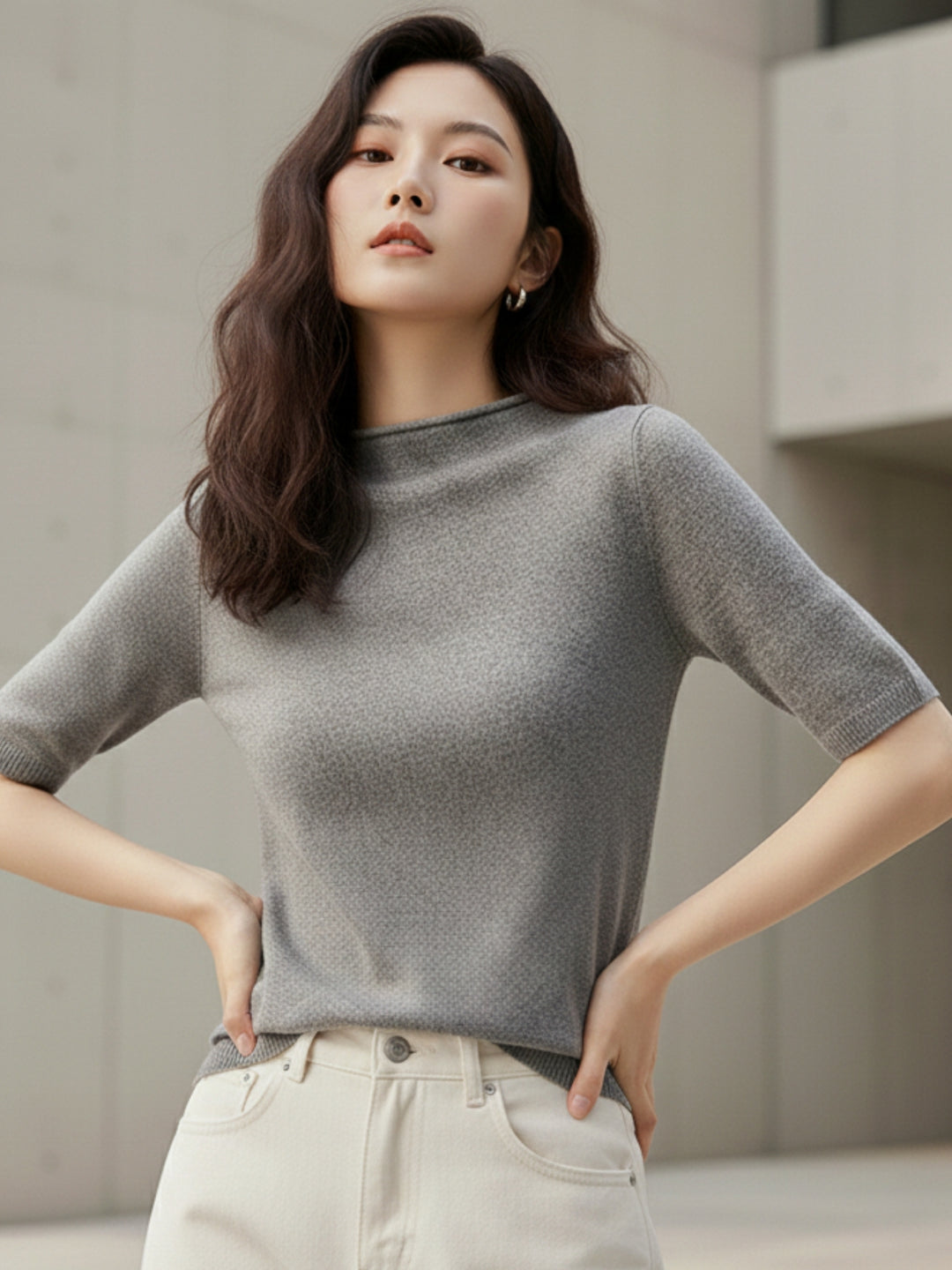 Grey Short Sleeve Mock Neck Relaxed Top