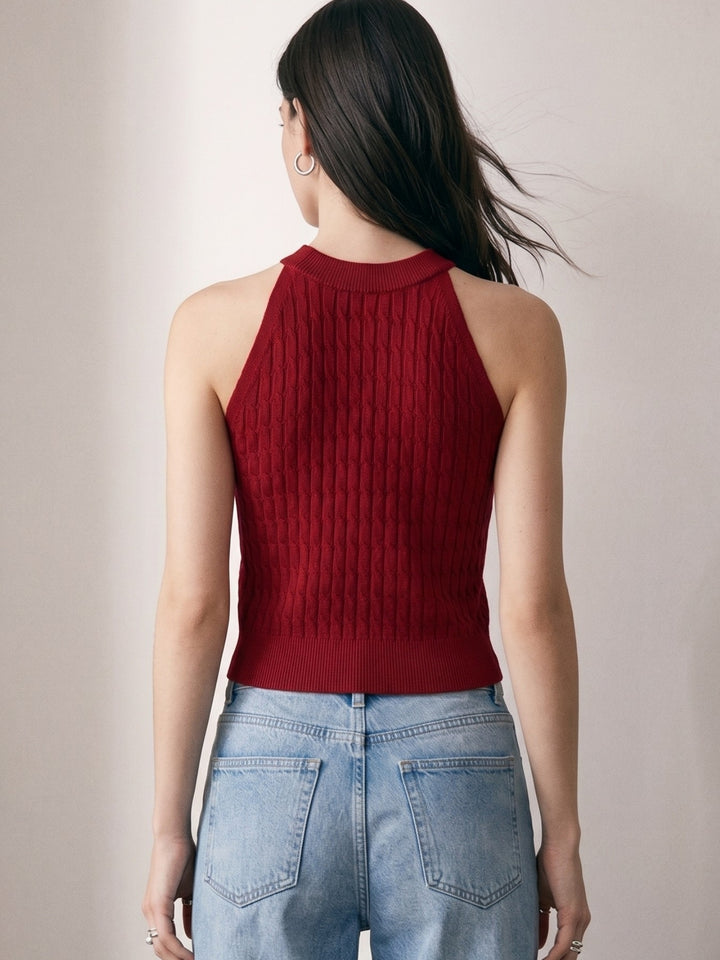 Burgundy High Neck Cable Textured Tank