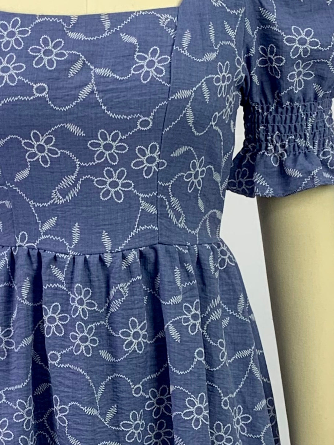 Blue Puff Sleeve Embroidery Square Neck Dress