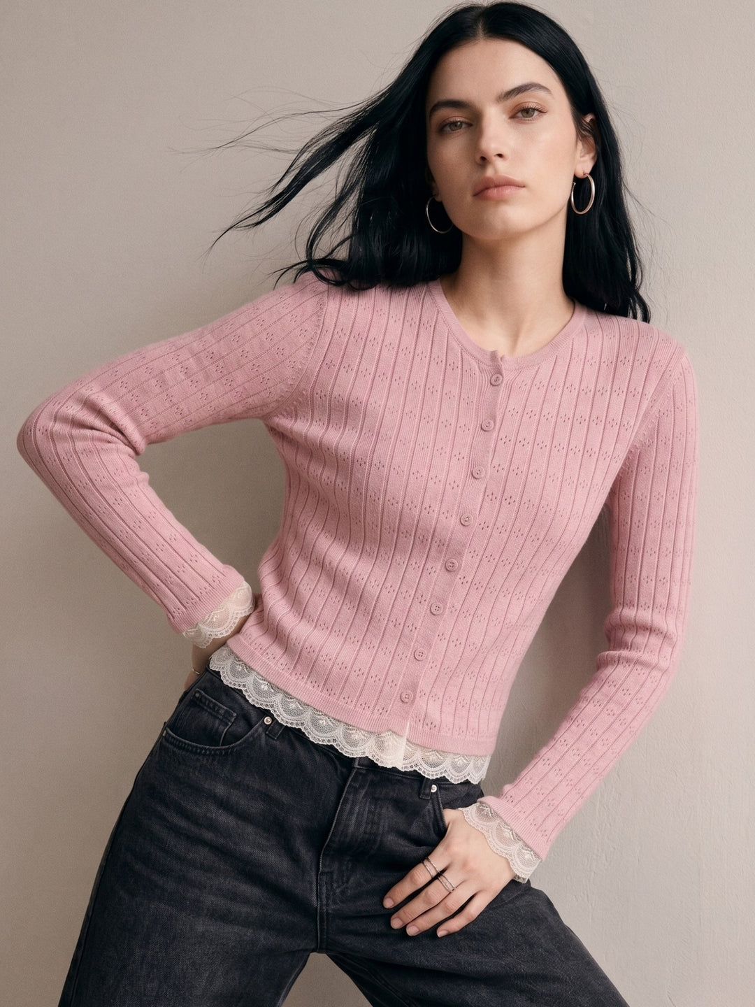 Pink Button Down Top With Lace Inserts At Hem And Sleeves