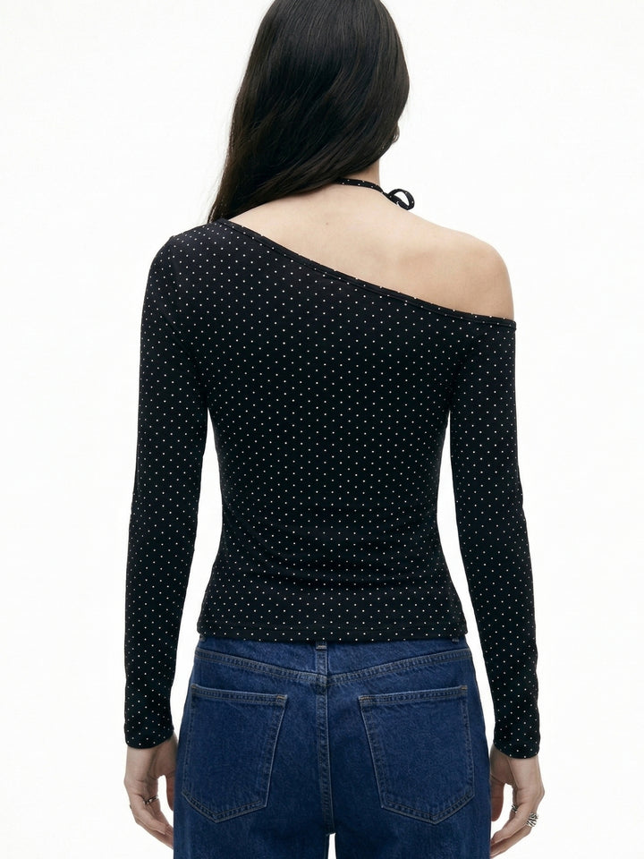 Black One Shoulder Neck Tie-Up Top