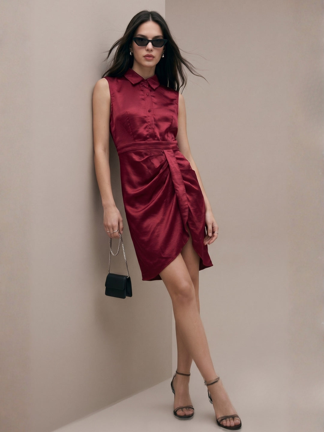 Red Sleeveless Button Down Dress With Wrap Over Hem