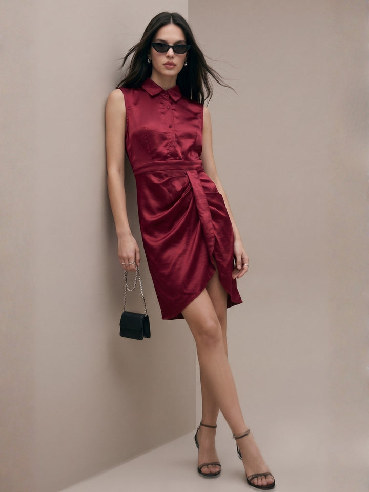 Red Sleeveless Button Down Dress With Wrap Over Hem