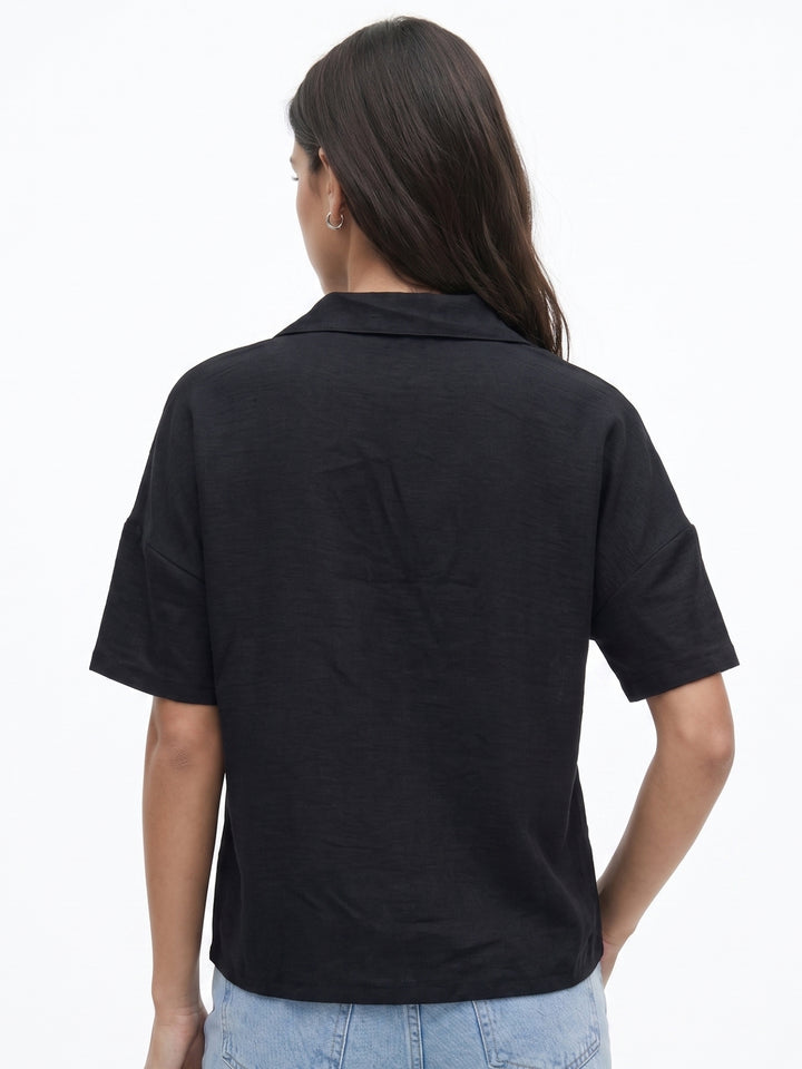 Black Stylized Collar Relaxed Top