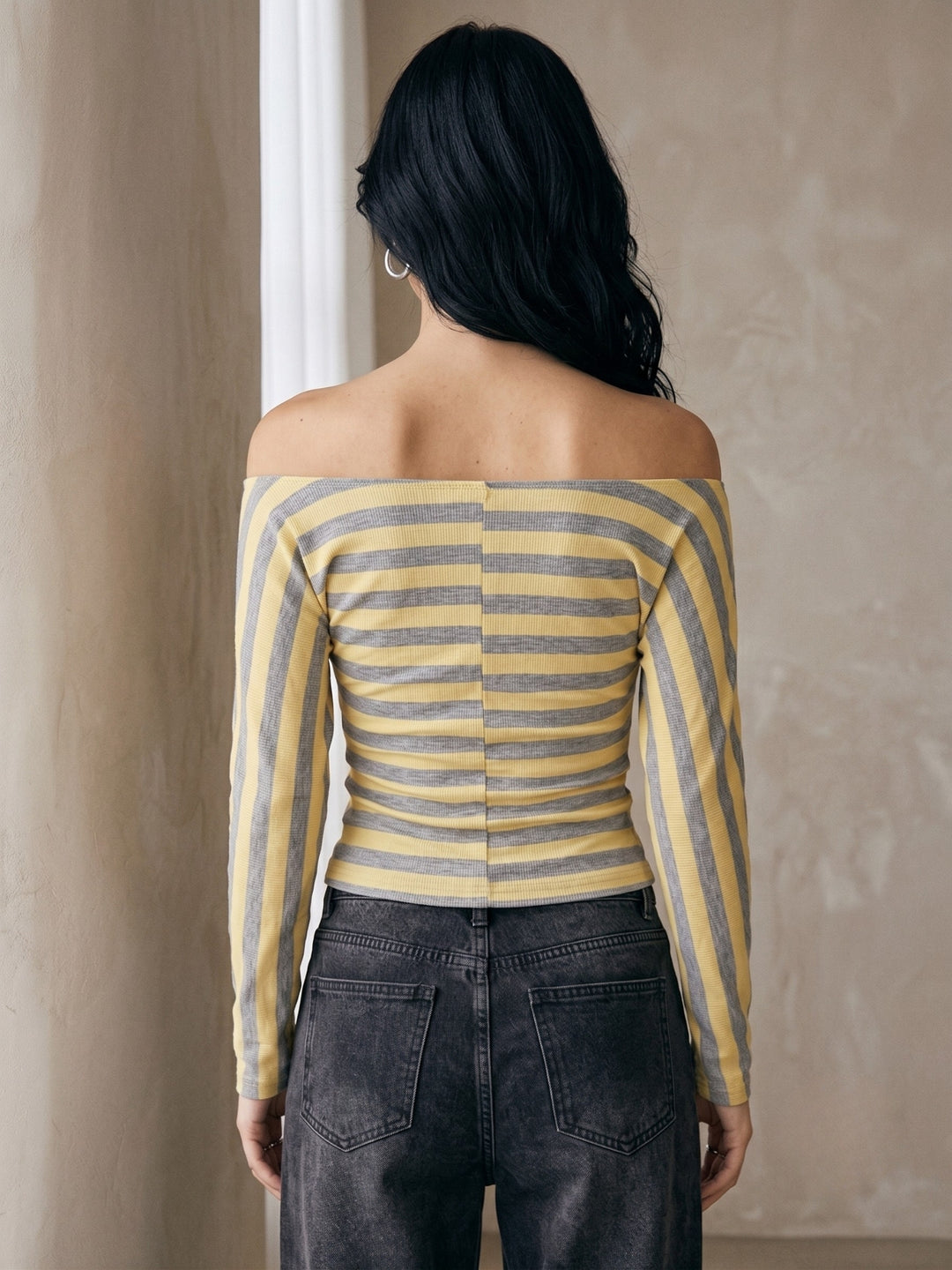 Yellow Off-Shoulder Striped Fitted Top