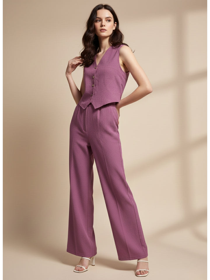 Mauve Button Down Vest And Pant Co-Ord Set
