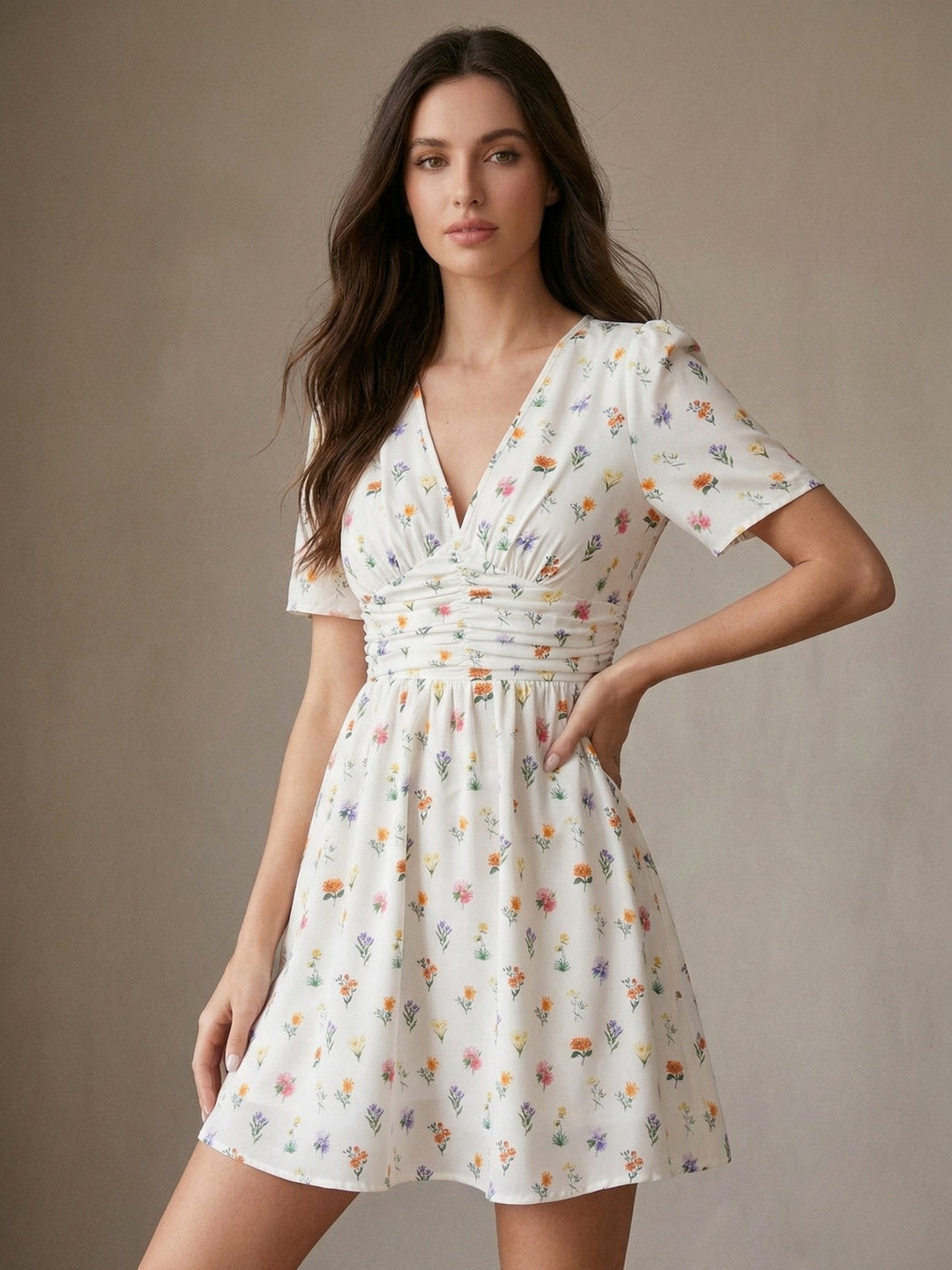 White Puff Sleeve V Neck Printed Dress