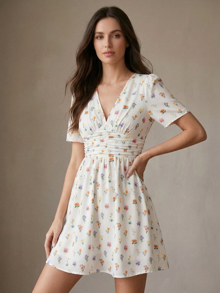 White Puff Sleeve V Neck Printed Dress