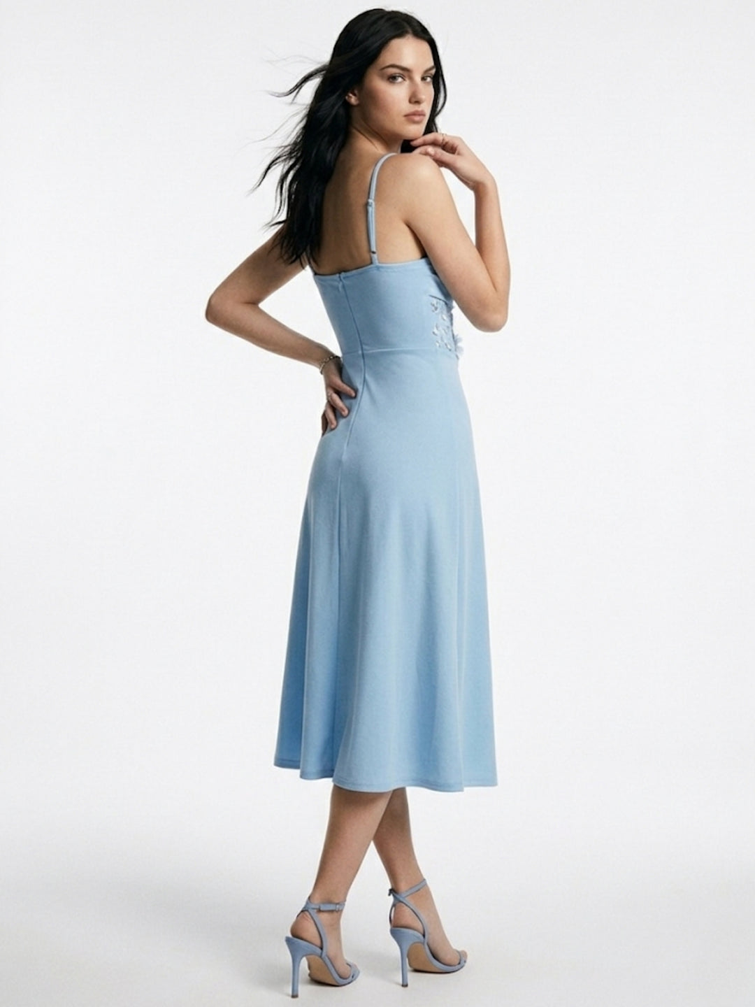 Blue Cinched Waist Dress With Sheer Inserts