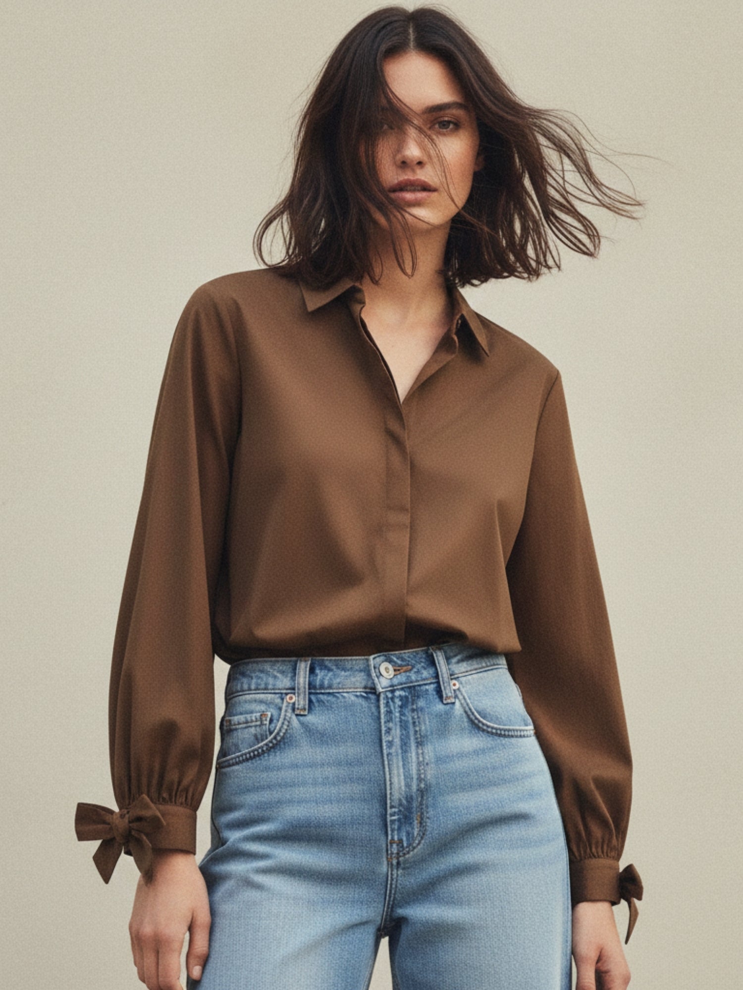 Brown Button Down Shirt With Bow Detailed Cuffs