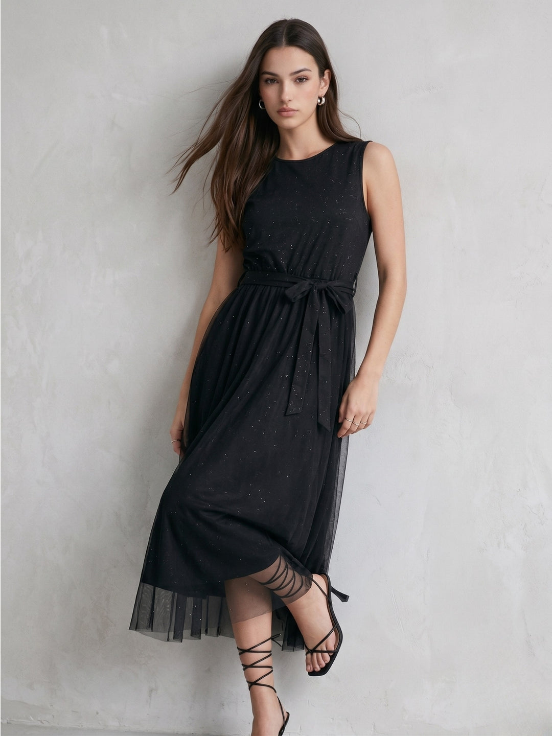 Black Waist Tie-Up Tulle Dress