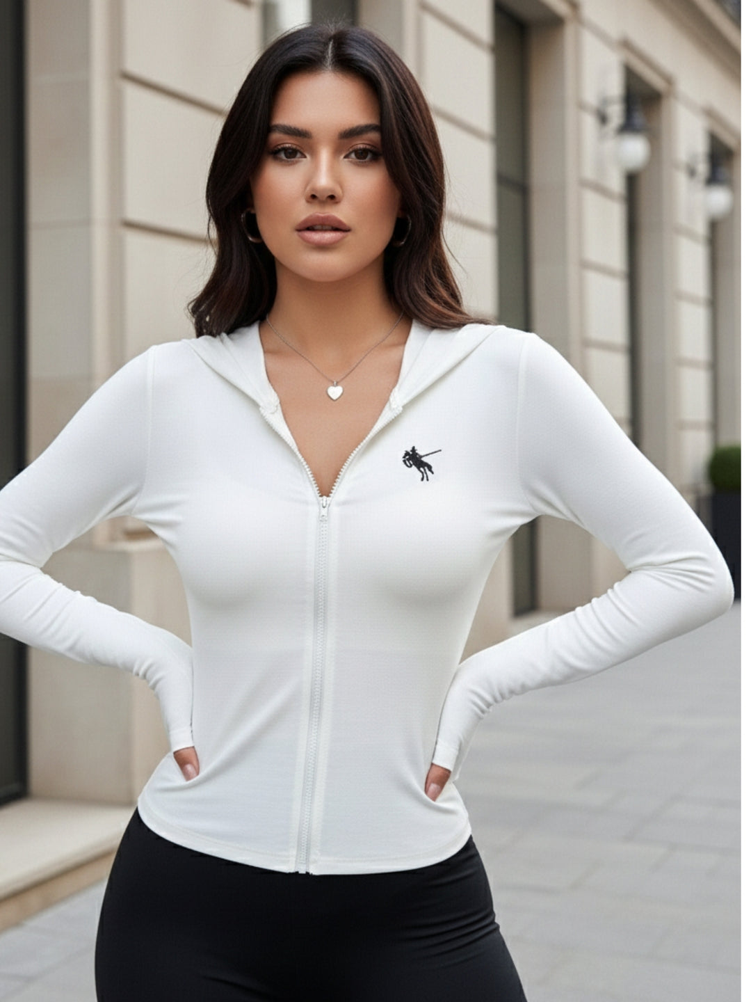 White Full Sleeve Hooded Front Zip Top