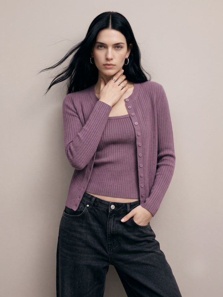 Purple Striped Textured Cardigan Styled 2Pcs Top