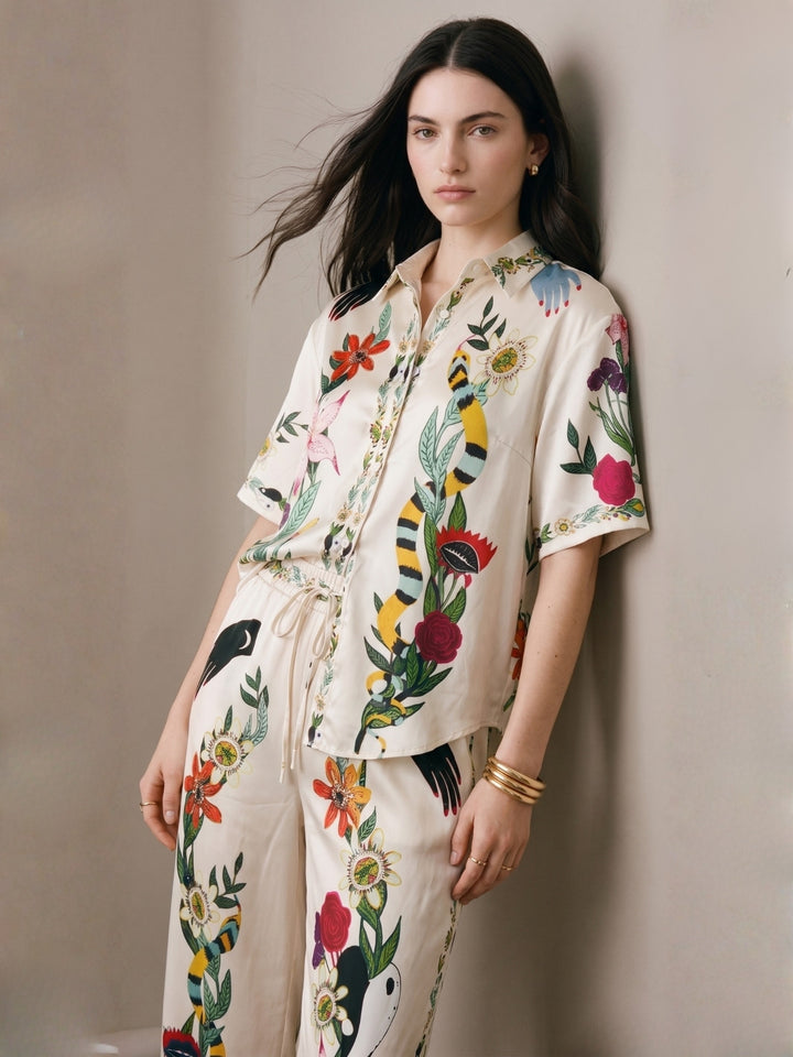 Off White Short Sleeve Printed Shirt And Pant Set