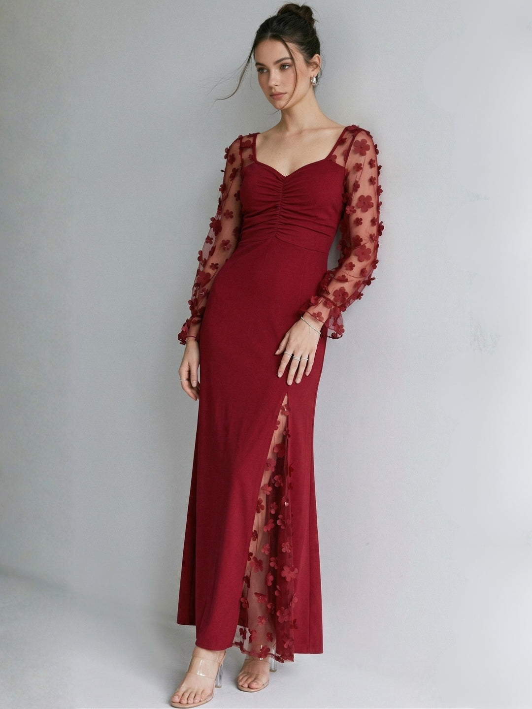 Maroon 3D Floral Applique Dress