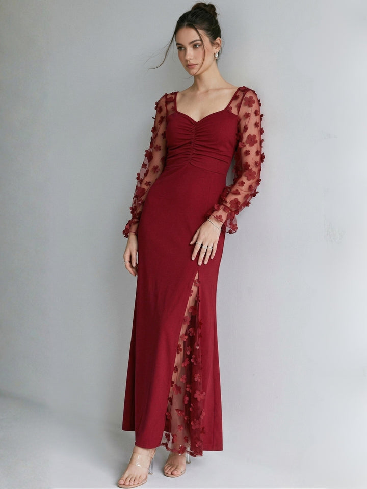 Maroon 3D Floral Applique Dress