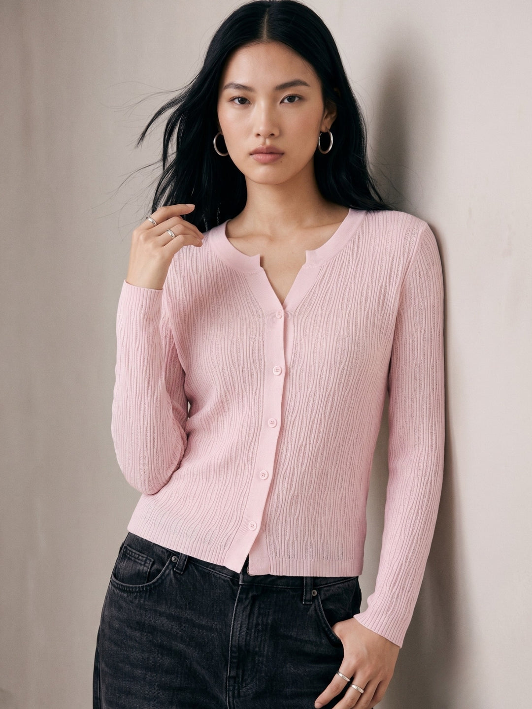 Pink Abstract Textured Cardigan Styled Top