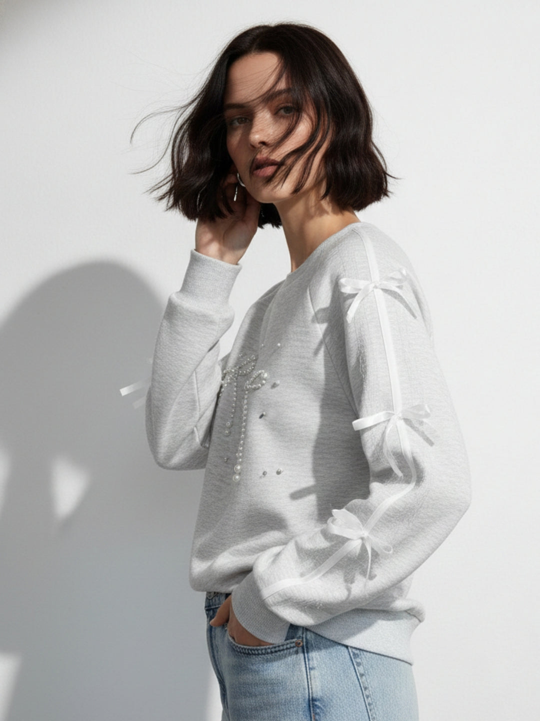 Grey Full Sleeve Lace Bow Detail Sweatshirt
