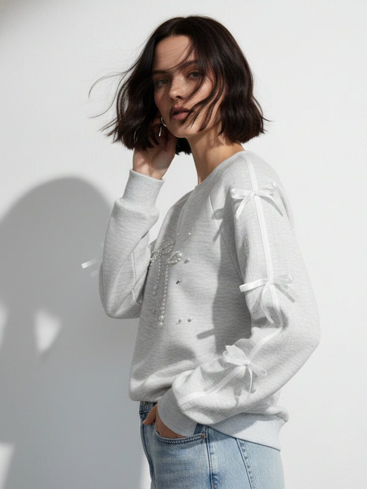 Grey Full Sleeve Lace Bow Detail Sweatshirt