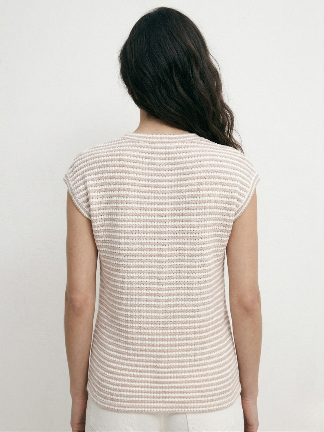 Nude Sleeveless V Neck Striped Top