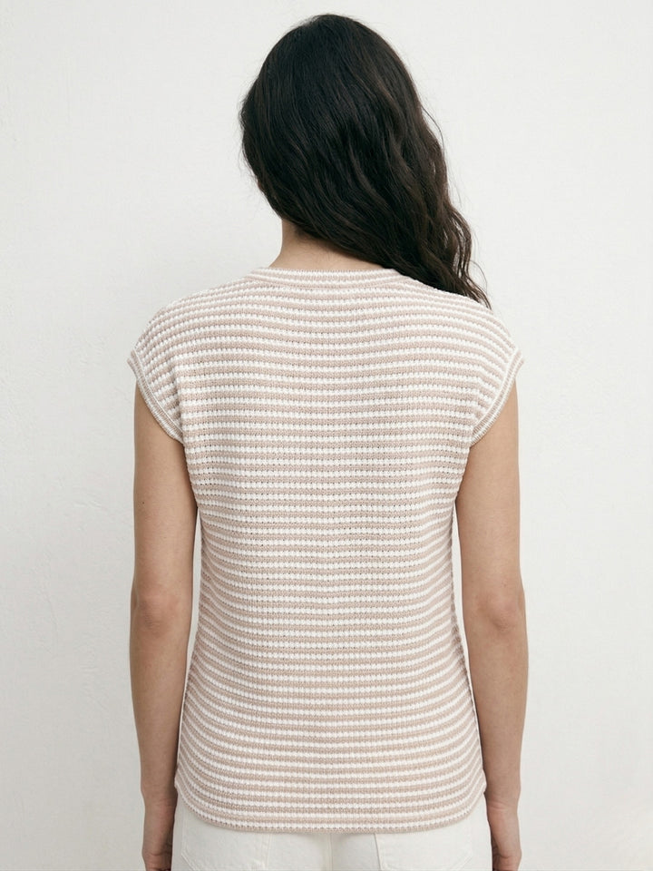 Nude Sleeveless V Neck Striped Top