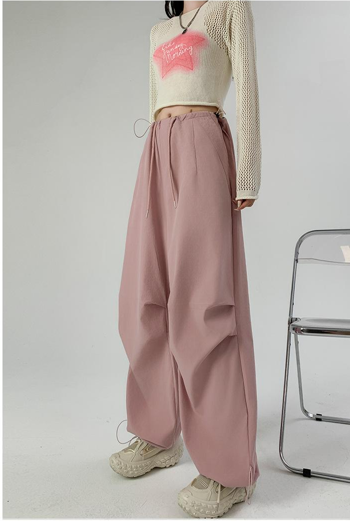 Pink Elastic Parachute Pants With Drawstring