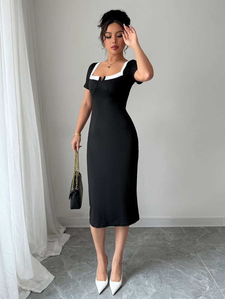 Black Fitted Contrast Neck Dress