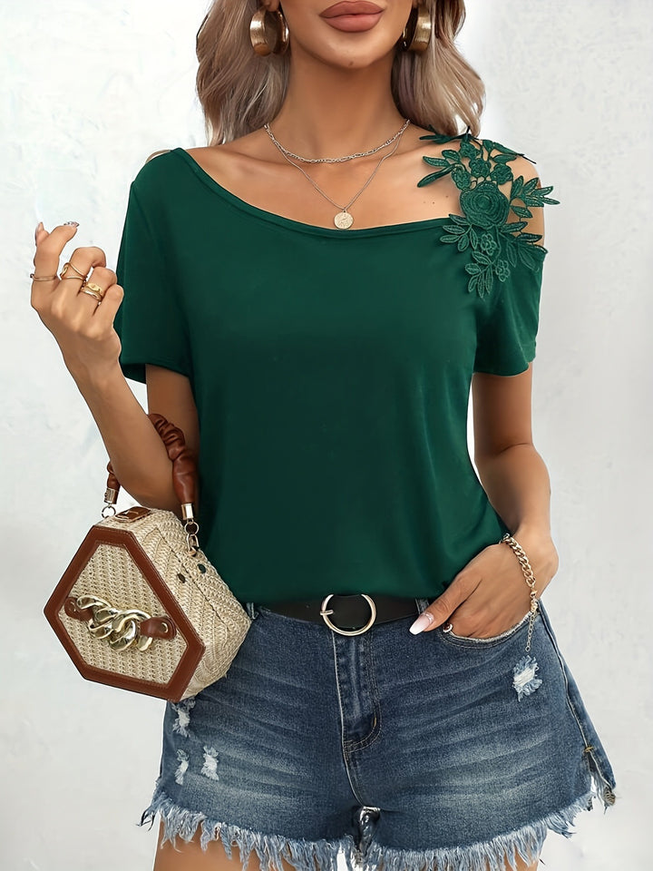 Dark Green One Shoulder Lace Strap Top