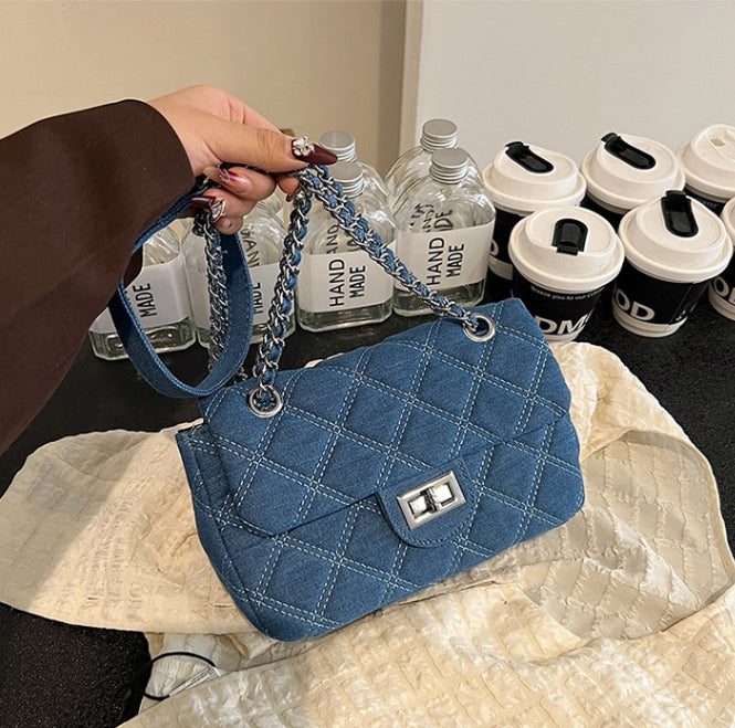 Blue Quilted Denim Chain Flap Bag