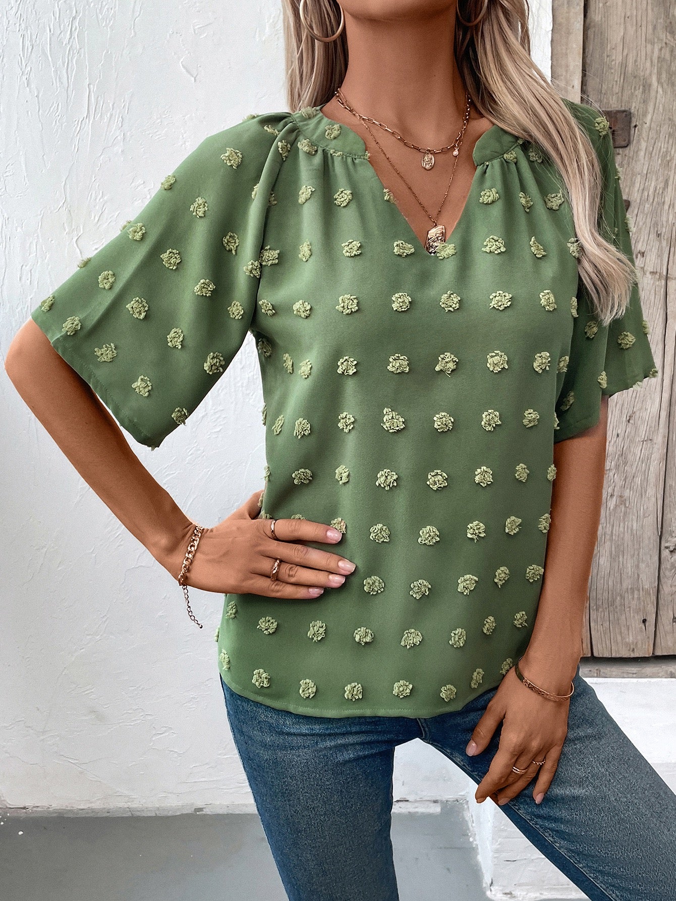 Green V- Neck Short Sleeve Top