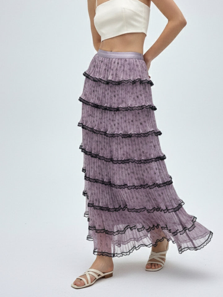 Lilac Printed Tiered Skirt With Contrast Borders