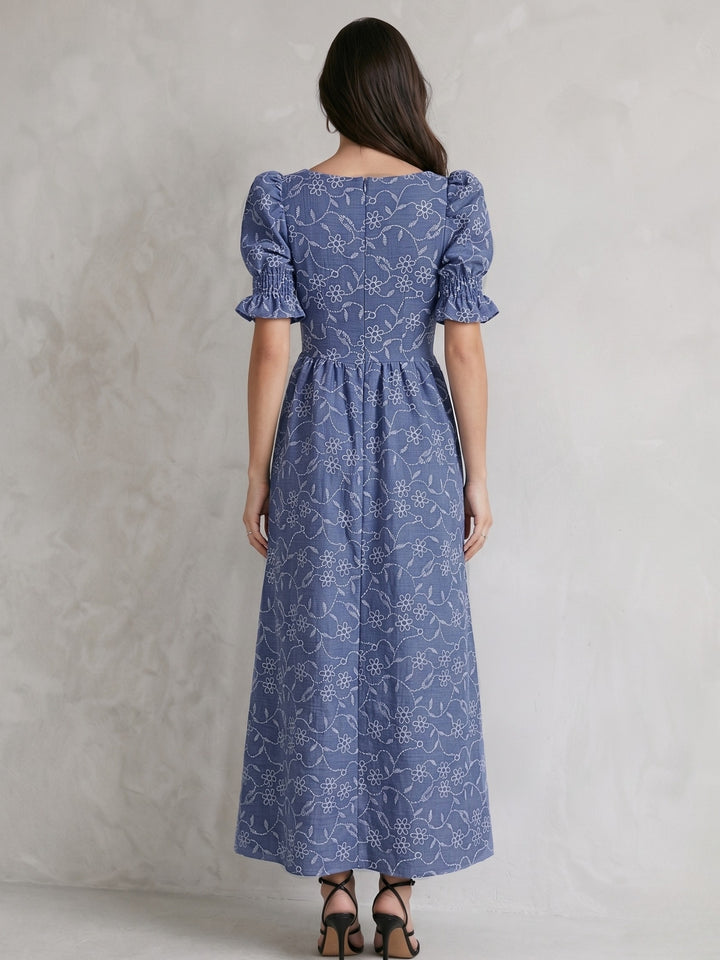 Blue Puff Sleeve Embroidery Square Neck Dress