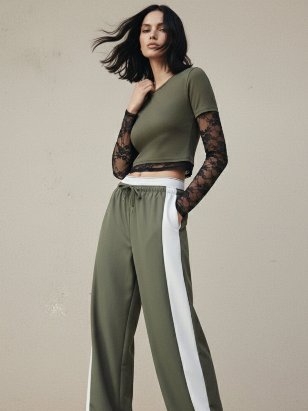 Olive Lace Sleeve Fitted Top