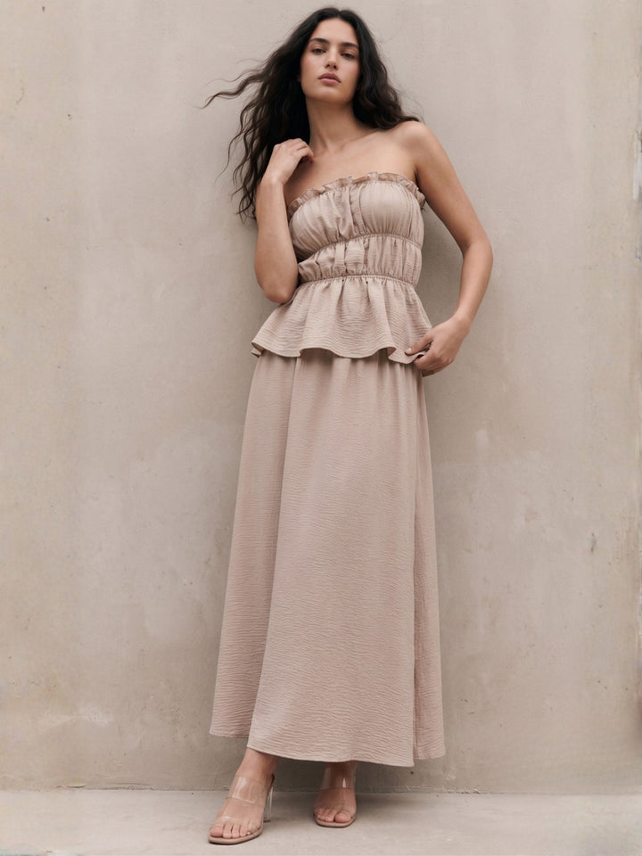 Off White Tube Smocked Top And Skirt Set