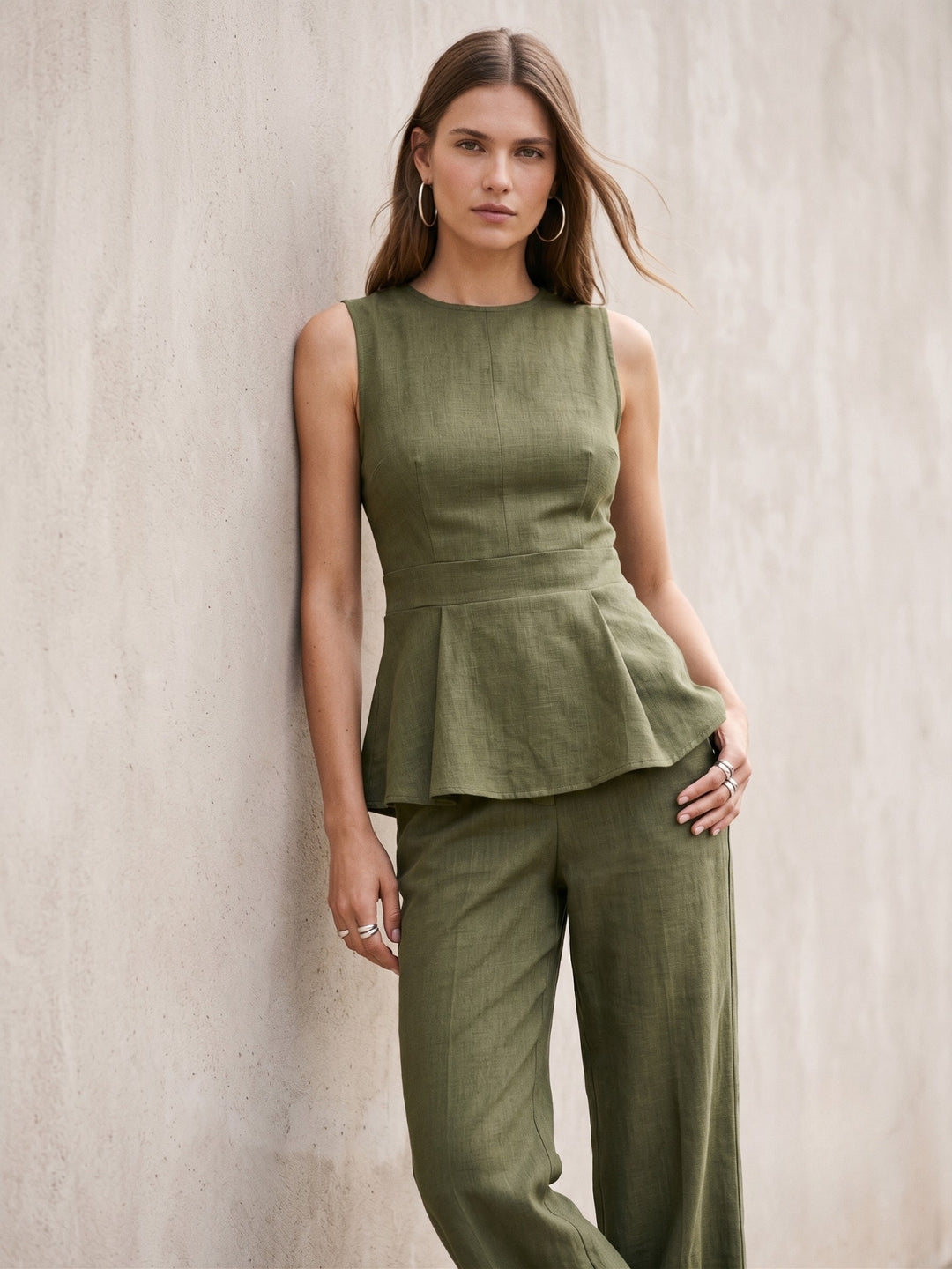 Olive Peplum Top With Wide Leg Trousers Co-Ord Set