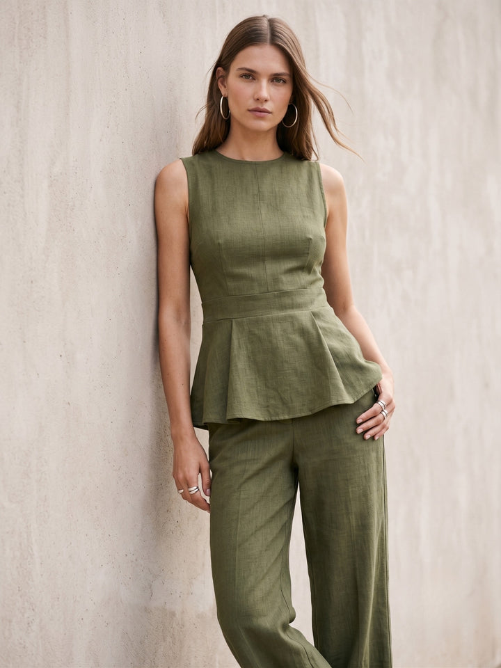 Olive Peplum Top With Wide Leg Trousers Co-Ord Set