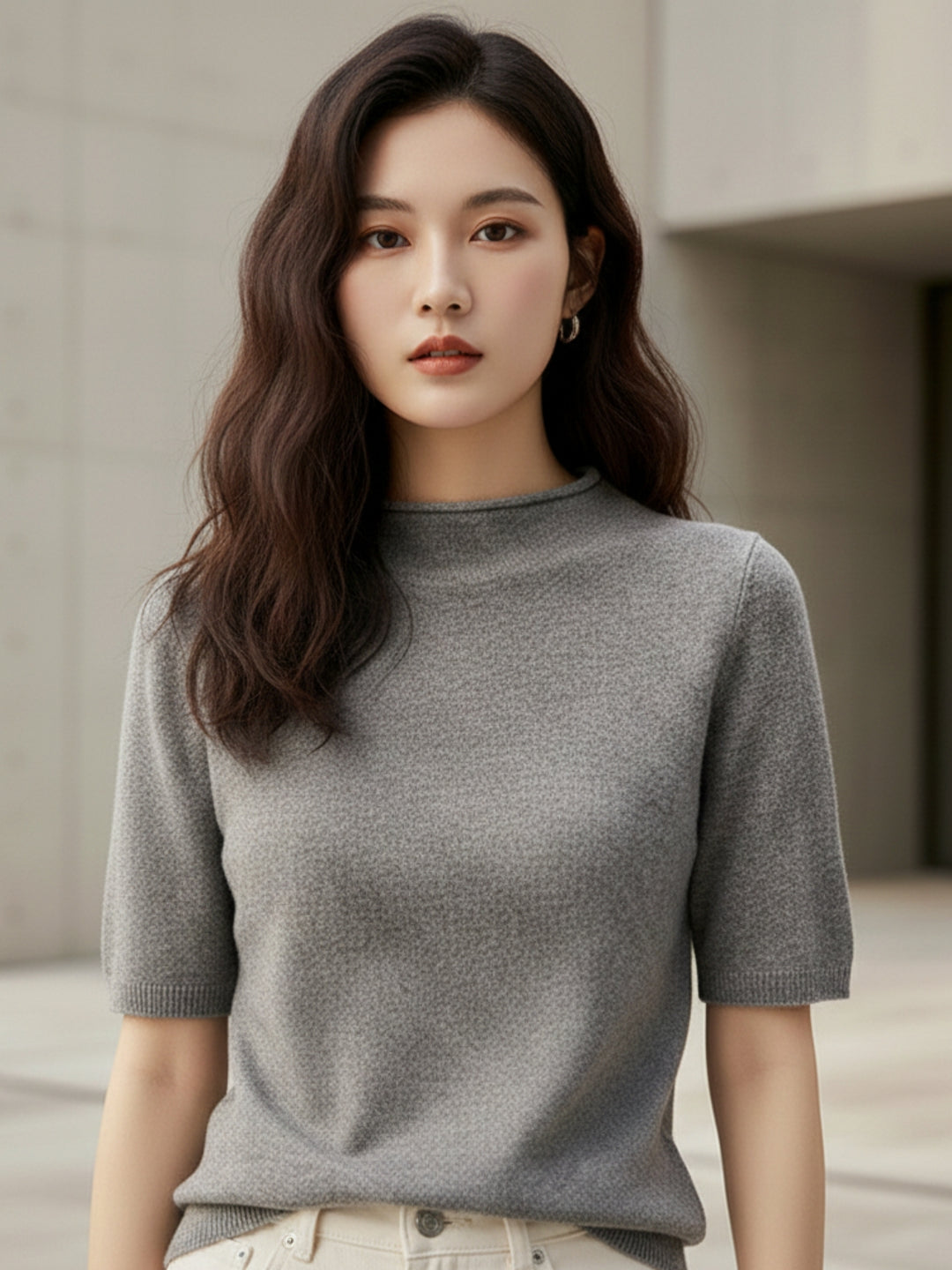 Grey Short Sleeve Mock Neck Relaxed Top
