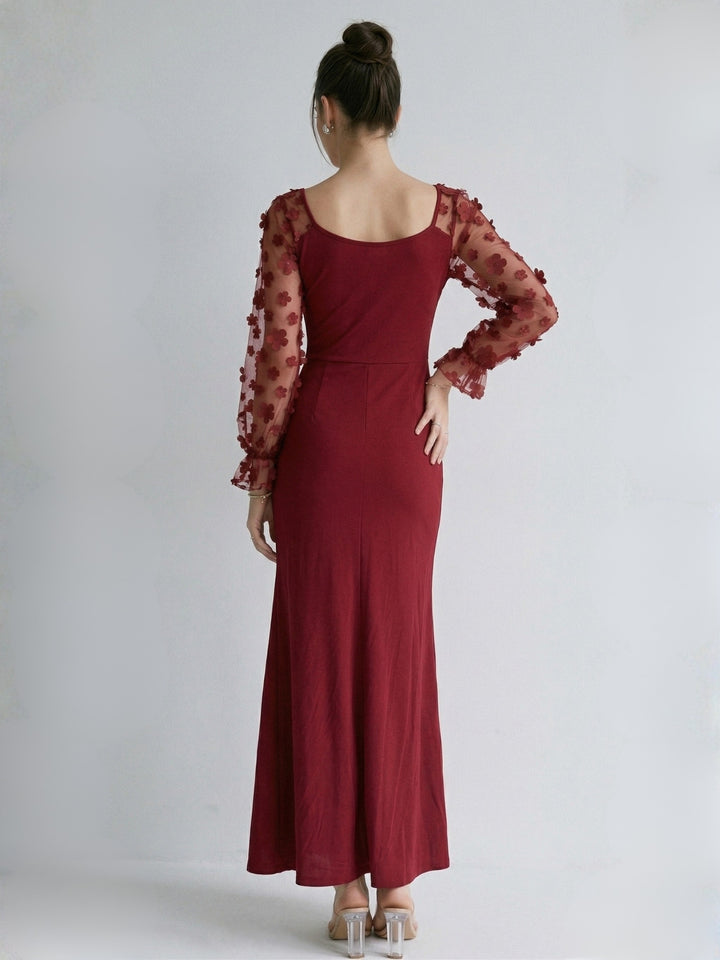 Maroon 3D Floral Applique Dress