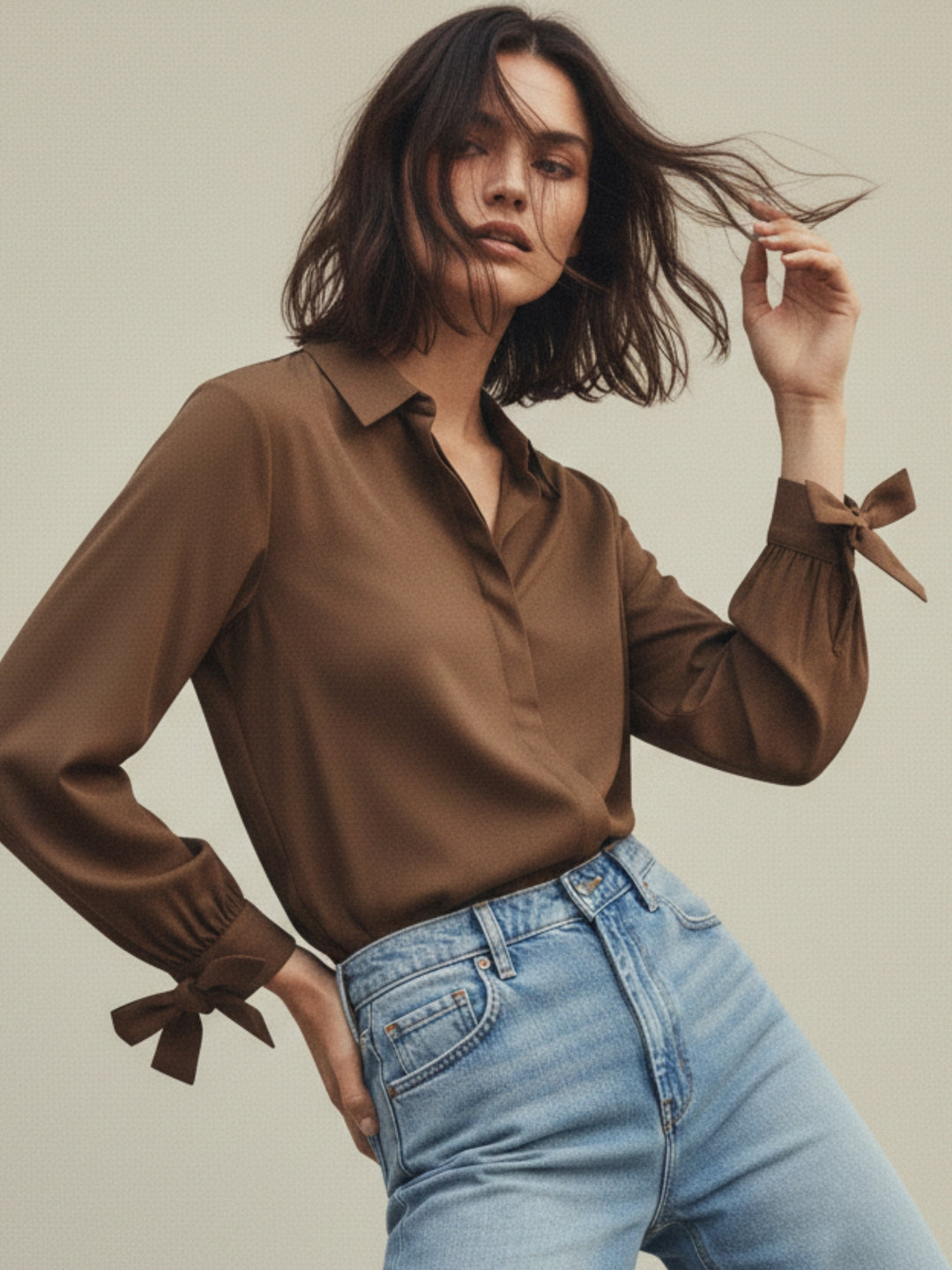 Brown Button Down Shirt With Bow Detailed Cuffs