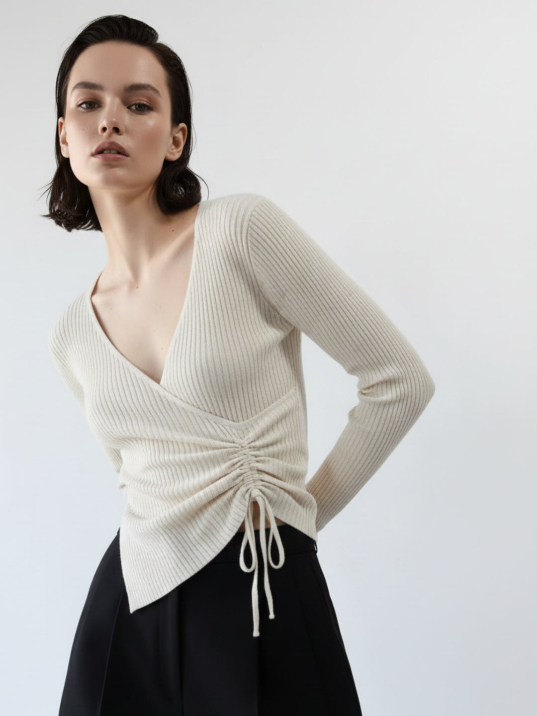 Taupe Full Sleeve Side Ruched Asymmetrical Hem Top