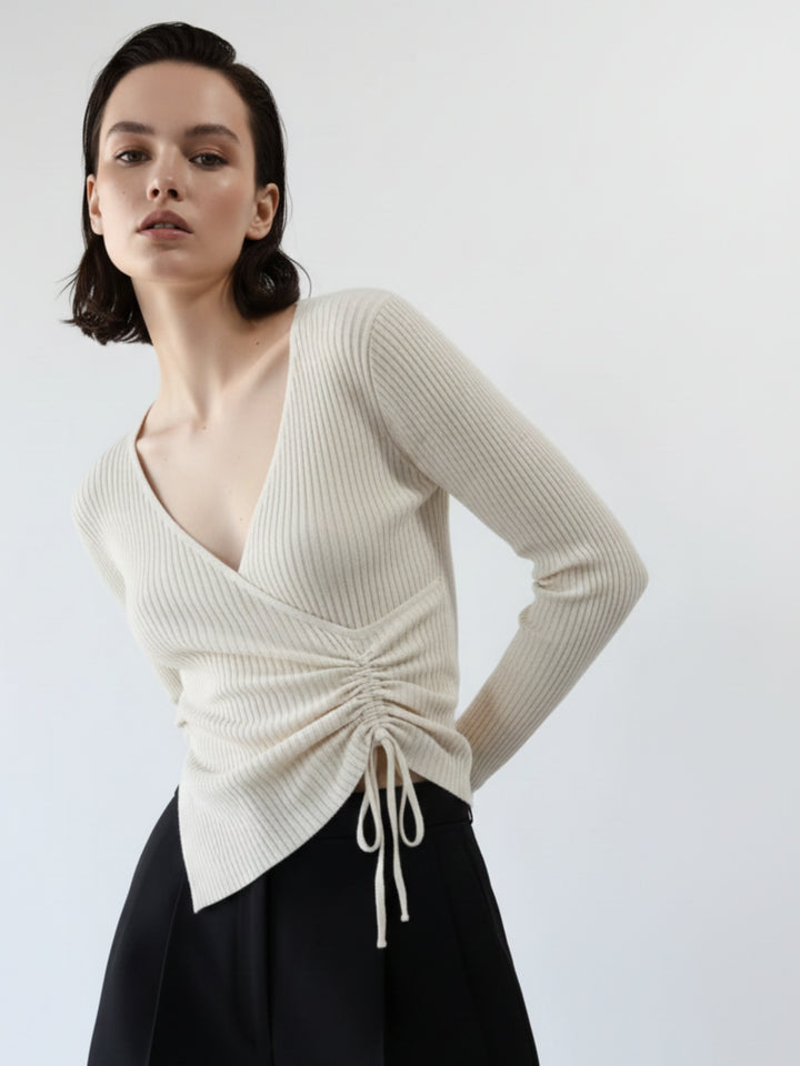Taupe Full Sleeve Side Ruched Asymmetrical Hem Top