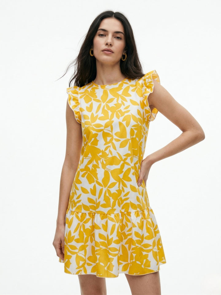 Yellow Ruffle Sleeve Printed Dress