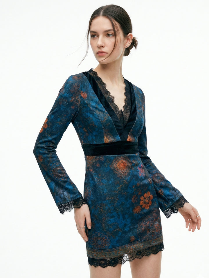 Navy blue Lace Detail Printed Bodycon Dress