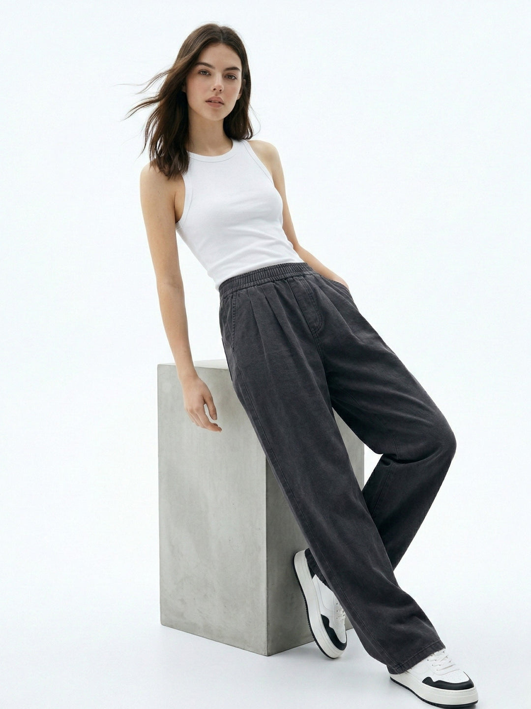 Black High Waist Pleated Wide Leg Pant