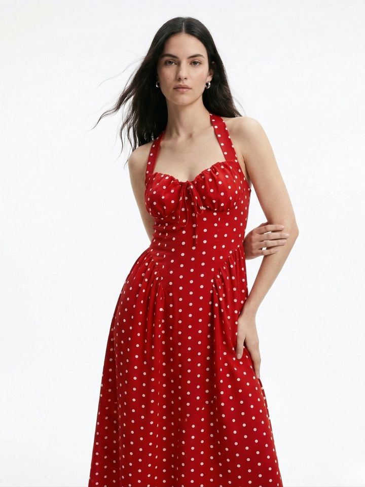 Red Sweetheart Halter Neckline Polka Dotted Dress