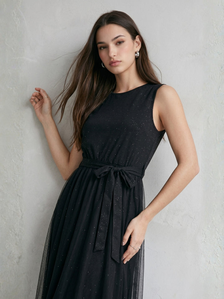 Black Waist Tie-Up Tulle Dress